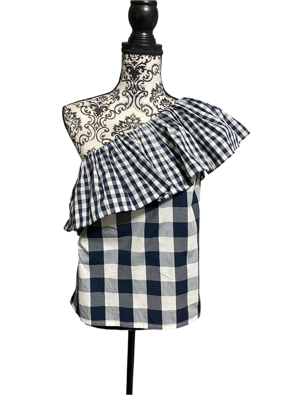 J. Crew Navy and White Gingham Ruffle One Shoulder Blouse Top Sz-4 NWT